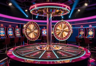 Game Show Studio mit Gl&uuml;cksrad und bunten Neon-Lichtern bei XON Casino